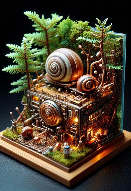 Tilt shift photography style, Diorama page, quarter view, qu4ntum, a 
mechanical snail, LCD panel, shilver shell, rusty, neon, ( Unmanned:1.2), night forest,( thick fog:1.4),