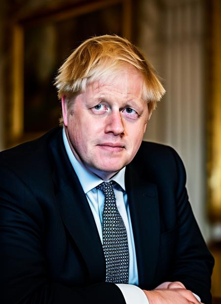 (masterpiece, best quality, awards winner) close up portrait Boris Johnson wearing black suit,  1man, professional photography, high resolution, 8k, detailed photo, hyperealistic, ultrasharp, studio light, soft shasows,  <lora:boris:0.9>