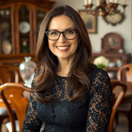 A portrait of an elegant brunette woman with glasses, smiling at the camera in her dining room. She is wearing a black lace dress and has long hair. The background features wooden furniture and vintage decor.