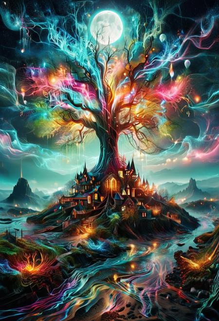 (by Ellen Jewett:1.5), (Bioluminescent Impressionism, The Dreamland), their peaks veiled in mist. mixed media, surrealism, great lighting, A surreal landscape highly detailed . extremely high-resolution details,  appears trapped in an optical illusion of reflections and refractions colorful , 
Giant Magical Tree, professional photography, natural lighting, volumetric lighting maximalist. intricately detailed, complex, elegant, night, moon, meteor shower, expansive, fantastical, film photography style,  <lora:MJ52:0.3>  <lora:SDXLFaeTastic2400:0.4>  <lora:EpicF4nta5yXL:0.7>.ethereal landscapes, depth of field, biotech emotion:1.3) <lora:xl_more_art-full_v1:0.5> <lora:add-detail-xl:1> <lora:RMSDXL_Creative:2>, GhostlyStyle, lthndrtrl