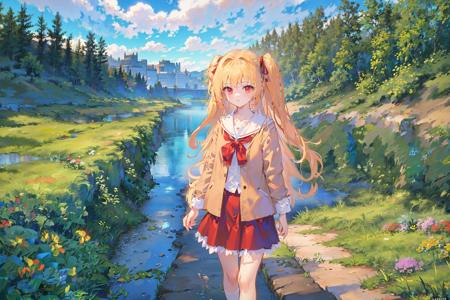 masterpiece,highres,extremely detailed CG unity 8k wallpaper, best quality, ultra-detailed,(best shadow),((1 girl)),landscape,flower,  sunlight,day,cloudy sky,standing,castle, ,field, rural, rice paddy,(((looking at viewer))), panorama,overlook,(high contrast:0.8),(distant view),blurry foreground,wind,
shinku \( Iro toridori no sekai\) , blonde hair, red eyes, twintails, long hair, hair ribbon,
 <lora:shinku_v2.0:1>