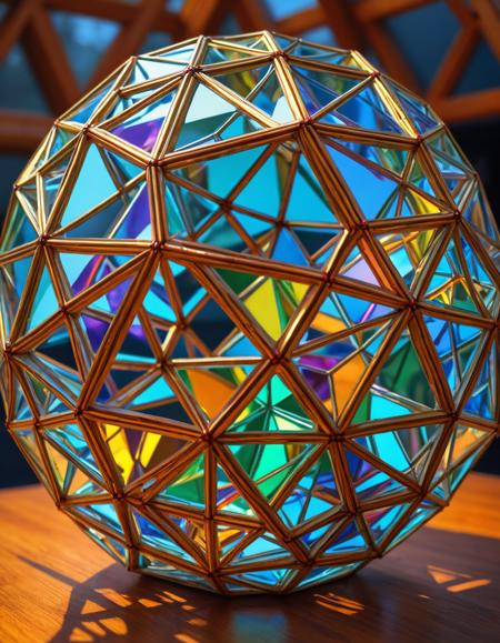 Photographic art, a translucent Geodesic polyhedron, prismatic patters, insane details, masterpiece, 8k, hdr, hyperrealism, 35mm photograph, dslr, kodachrome, raytraced