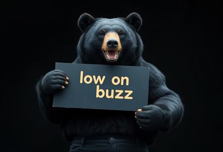 A black bear holding text, "low on buzz", turtleneck, long-sleeved, black jeans, thick muscles, happy, animal