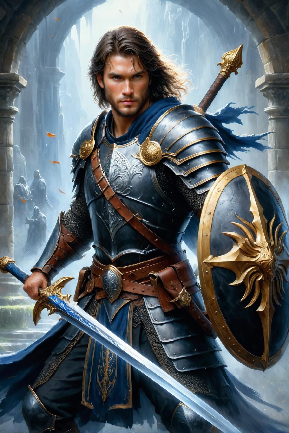 A warrior in a suit of armor holding a sword and a shield.