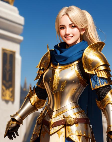 Masterpiece, absurdres, fine detail, HDR,highly detailed armor with gold plating, shiny armor, photorealistic,smiling, excited,<lora:PLD_amor:0.75>,PLD_armor, a female knight in armor, wearing PLD_armor, blue scarf