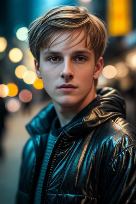 young man, masterpiece,realistic, 4k, detailed, a close up of <lora:L0u1sHfmn:1>   in street of seul in the night, highly detailed face, f2.8,denoise, dof, close up, casual clothes, blur background,