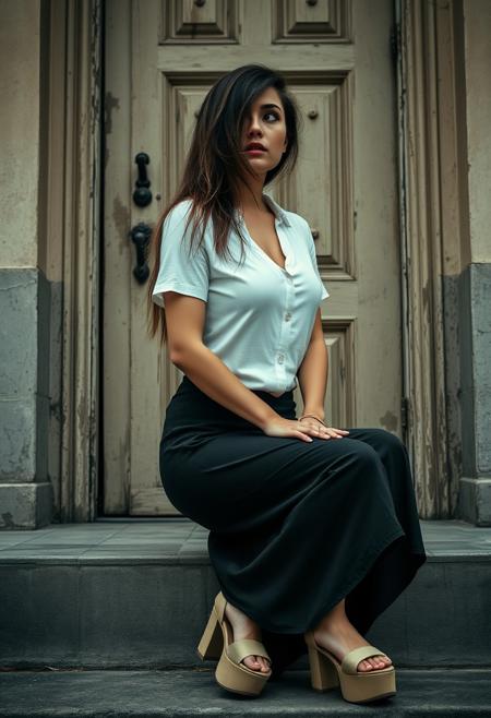 photograph of a woman, long messy brunette hair, looking away from the viewer, sitting on a step in front of a worn old door, wearing a revealing button down t-shirt, long skirt, platform shoes, light makeup, dismal day, cloudy, high dynamic range, vivid, rich details, clear shadows and highlights, realistic, intense, enhanced contrast, highly detailed