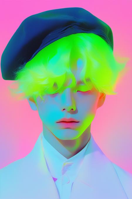 minimalism style,(1boy ),portrait,lip, Ascot cap,Soap, fluorescent gradient background, Alabaster hair,Tousled hair, Scandinavian , (masterpiece,best quality,niji style)