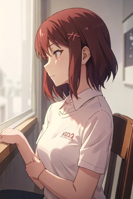 best quality, masterpiece, highres, solo, {sengoku_chihiro_sakurasounopetnakanojo:1.15}, short_hair, red_hair, brown_hair, brown_eyes, red_eyes, 1girl, profile, blurry, closed_mouth, from_side, shirt, anime_coloring, collared_shirt, indoors, blurry_background, upper_body