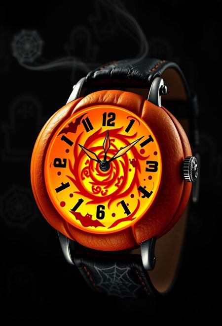 A hyper-stylized image of a Jack-O-Lantern wrist watch, with a vibrant, glowing pumpkin face as the centerpiece. The watch face is a swirling, spiral pattern of orange and yellow hues, with intricate, detailed carvings of bats, ghosts, and other Halloween icons. The hour and minute hands are shaped like tiny, glowing candles, while the second hand is a delicate, swirling tendril of smoke. The watch band is a sturdy, black leather strap, adorned with intricate, silver-toned buckles shaped like miniature pumpkins and spiders. The background is a deep, rich black, with a subtle, textured pattern of cobwebs and gravestones, adding to the overall Halloween atmosphere. The overall effect is one of eerie, whimsical charm, as if the watch is a magical, time-keeping talisman from another world. highest-Quality, intricate details, visually stunning, Masterpiece