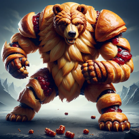 Croissant-carving,a realistic fighting werebear,Top with lot (jam:1.1),entirely from croissants,realistic style,cinematic feel,clean empty background,<lora:food_carving_sd_1_5_20231211:0.55>,