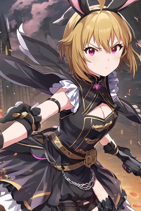 TSUBASA IBUKI,
Rarity SSR,
1girl, ahoge, animal ears, belt, black dress, black gloves, blonde hair, cleavage cutout, clothing cutout, cuffs, dress, garter straps, gloves, gun, handcuffs, handgun, hat, holding, holding gun, holding weapon, looking at viewer, pink eyes, pistol, rabbit ears, short dress, short hair, short sleeves, solo, thighhighs, trigger discipline, weapon
<lora:mirishita-v1.0:1>