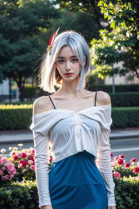 <lora:ShenHe_TongRen:0.75>, shenhe_genshin,1girl, (white hair, long hair), blue eyes,hair ornament, white short shirt, long sleeves, off shoulder, blue long dress, standing, looking at viewer, (smile:0.8), upper body, (cowboy shot,realistic, photorealistic), (masterpiece, best quality, high quality), (colorful),(delicate eyes and face), volumatic light, ray tracing, extremely detailed CG unity 8k wallpaper, outdoors, park, ((flowers)), lawn,