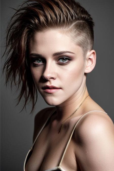 (s3m1sh4v3d-summer4love263:0.7), closeup protrait of kristen stewart, grey background,