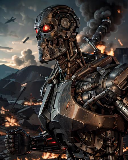 ((A full body  terminator cyborg in future city)). (RAW photo, real life, absurdres, high quality, detailed, realistic:1.3), (solo:1.3), a high resolution photo of a t-800 with intricate details, with red eyes glow and metal shiny skull face and chrome metal body, eyes are red camera lenses. ((metal reflex fire, big flames, fog, smoke and dark background)), cinematic, atmospheric, 4k, realistic lighting, shot by Hassleblad camera, Zeiss lens, 50mm 1.2 lens, Octane Render, ultra realistic, realistic lighting, photorealistic, photorealism, unreal engine, highly detailed, intricate detail, <lyco:terminator:0.6> (((full body))), cracked, broken with lava inside, battle damage, flying aeroships, builds the head or helmet as faithfully as possible to the model,