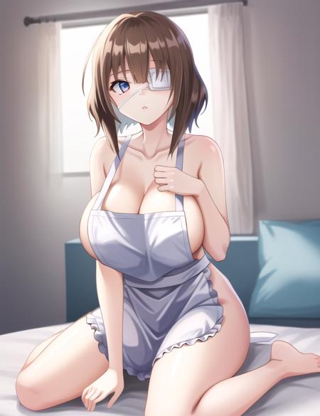 1 (shy girl) with (short brown hair) and (blue eye) and (medical eyepatch:1.1) and (gigantic bursting breasts and very thick thighs:1.0) (wariza on bed inside detailed bedroom:1.1) wearing (naked apron:1.1), (short hair:1.2), (blue eyes:1.1)
{{masterpiece}}, {best quality, super fine illustration}, dense hair,  beautiful eyes,{very delicate light, perfect and delicate limbs}, { fine luminescence ,very fine 8K CG wallpaper}, an extremely delicate and beautiful girl, (staring blankly, lovely big eyes), beautiful detailed eyes, (absurdres, incredibly absurdres, illustration, ultra-detailed),
solo, high quality, CG, wallpaper, anime girl,  detailed hair, (very detailed hair), (beautiful eyes), 
1 (miko) with (short brown hair:1) and (blue eye:1) and (medical eyepatch:1.1) (wariza on bed inside detailed bedroom:1.2) wearing (naked apron:1.4), (wariza:1.1), (bare legs and no panties:1.2),