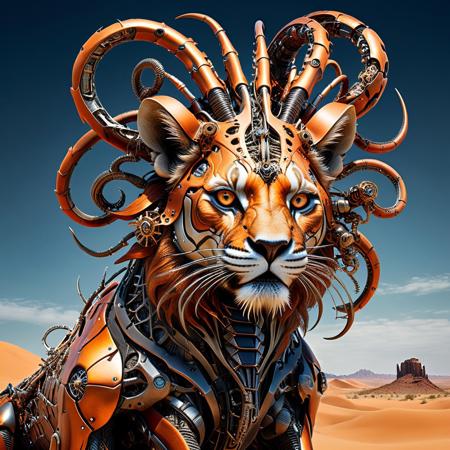 ultra-high quality, ultra-detailed image of a broken hybrid mechanical, hybrid creature, Fusion of snake a lion and spider, seamlessly blending mechanical and organic elements, dark and orange mysticall and vibrant colors, commanding presence, capturing her entire body, iron mechanical horns, Face: Highly detailed, lifelike features with expressive, piercing eyes that convey her strength, fierce, showing a natural blend of mechanical and organic textures, vast, desolate desert of dunes, evoking an abandoned planet, barren landscape.