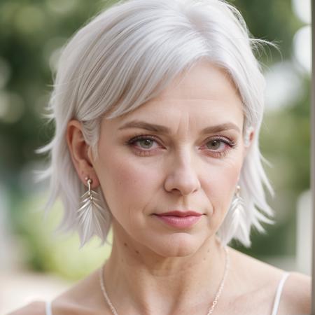 old woman hair white, 3d, blurry, blurry background, blurry foreground, bokeh, chromatic aberration, cosplay photo, depth of field, earrings, eyelashes, focused, frills, jewelry, lips, looking at viewer, motion blur, photo \(medium\), photorealistic, realistic, short hair, solo, solo focus, upper body, white hair