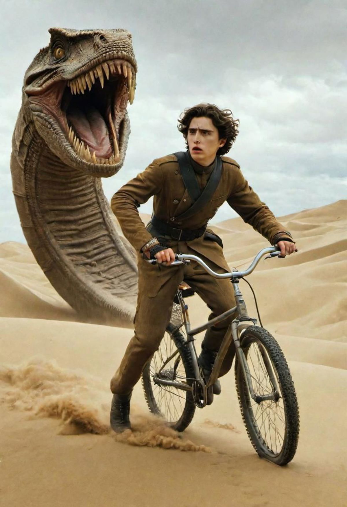 A man riding a bike in a desert, with a giant snake behind him.