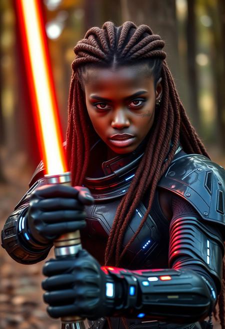 Highest quality, (cinematic lighting:1.1), action movie film still, a dark skinned female dressed in black cyberpunk robotic armor with glowing blue details holding a red lightsaber ready to battle in a wooded area. She has perfect skin, long Auburn dreadlocks, Auburn eyes, and a strong jawline. She is stunningly beautiful with a seductive gaze. ambient glow from the lightsaber, photographed on a Nikon Z9, RF 35mm lens, F2.8, HDR, 8k, highly detailed, Cinestill 800T, dynamic angle, Her face is covered in sith tattoos.