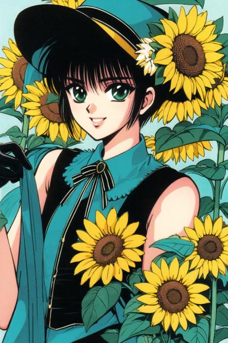 Hokuto Sumeragi, sunflower, flower, solo, black hair, gloves, hat, 1girl, green eyes, short hair, yellow background, retro artstyle, smile, black gloves, striped, holding, sleeveless, looking at viewer, holding flower, vertical stripes, 1990s (style), upper body, <lora:Tokyo Babylon:0.8>,