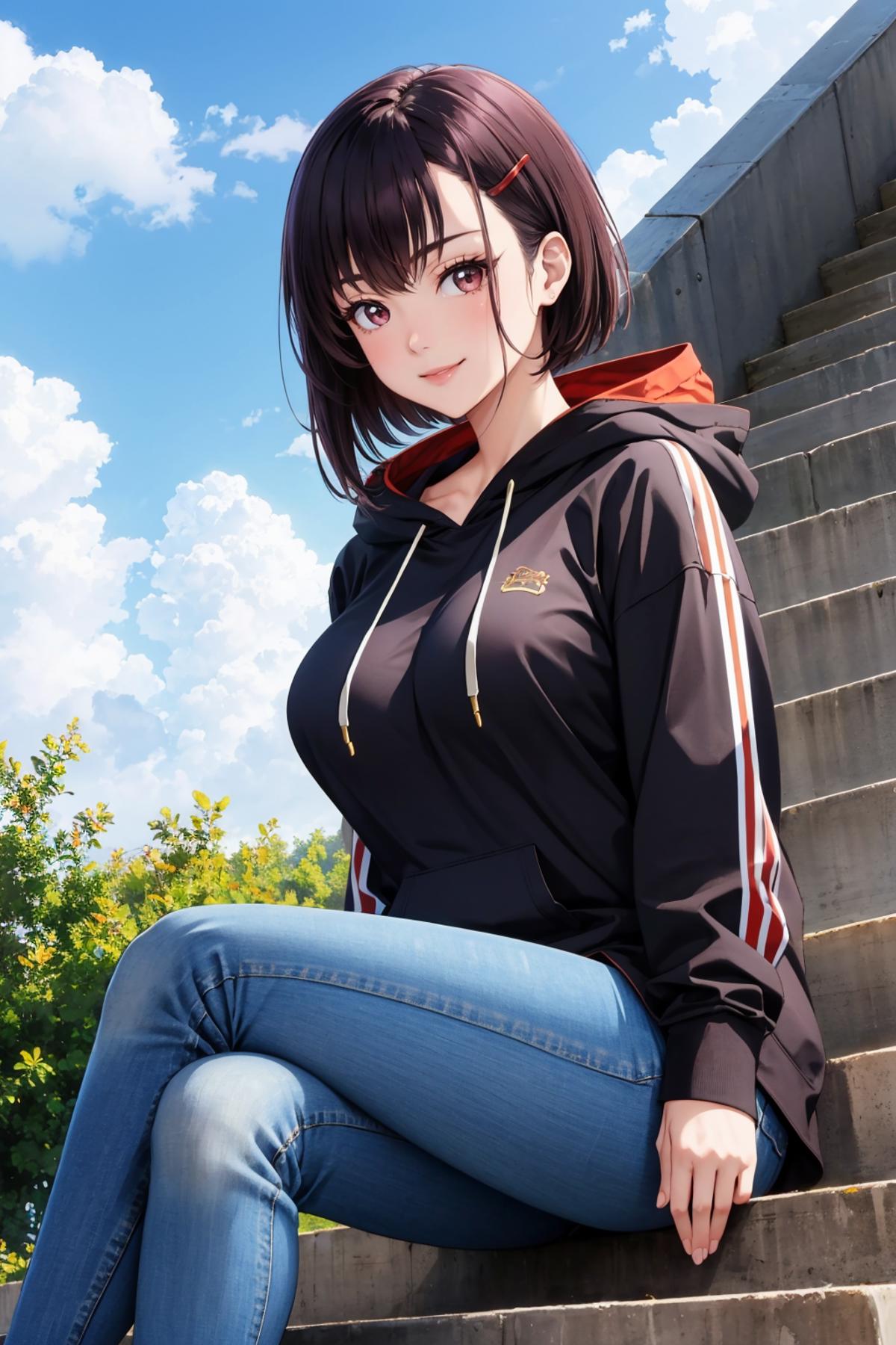 A woman wearing a black hoodie and jeans sitting on stairs with a bright blue sky in the background.