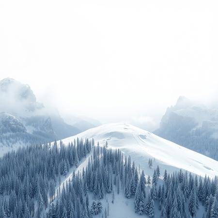 Snowy Hilltop, Bright White Sky, Whiteout, Deep Forest Below, (Crystallization Fragmentation), Alpine Slopes, Towering Rocky Craters, Realistic, Blizzard, <A-3>, Massive Scale, HighRes