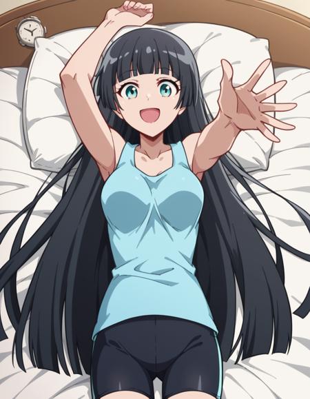 akemi souryuuin, long hair, bangs, black hair, very long hair, blunt bangs, aqua eyes, hime cut, medium breasts, skirt, shirt, bow, school uniform, white shirt, short sleeves, collared shirt, bowtie, red bow, red bowtie, shorts, tank top, bike shorts, collarbone,