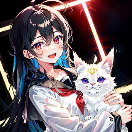 detailed,best quality,masterpiece,illustration,wallpaper,,1girl,solo,upper bodywhite bow,:d,smile,eyeliner,long hair, black hair,(ahoge:1.2),bangs,hair between eyes,gray inner hair,
red eyes,looking at viewer,black sailor collar,black serafuku,long sleeves,dimly lit