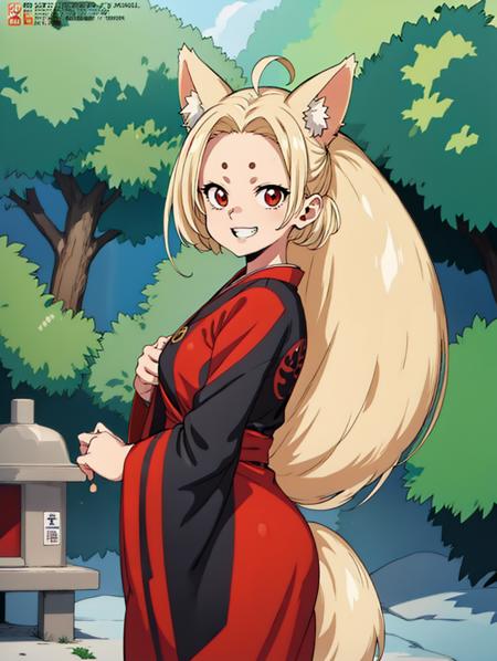 best quality, megami magazine, anime keyvisual, shrine, upper body,  face focus, outdoors, east asian architecture, forest,
(miko:1.2), red hakama, hikimayu, forehead, red eyes, fox ears, platinum blonde hair, long hair, fox tail, standing, looking at viewer, naughty face, grin, perfect hands, paw pose, 
<lora:fineline-v2:1> <lyco:envybetterhandsLocon_beta2:1.0>  <lora:flat2:-0.5> <lora:flatBG:1>  <lora:hikimayu_22222_16:2> <lora:LECO_LessWakiMiko:1>