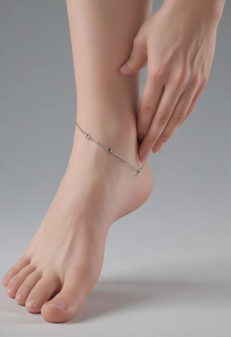 (Realism: 1.4), Cinematic lighting, (detailed image of female feet,ankles,),foot,toes,nails,skin texture,(((correct anatomical shape)))ankle bracelet,detailed rendering,perspective from different angles , near and far.