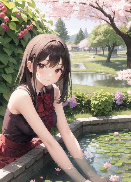 masterpiece,best quality,1girl,village,day,cherry blossoms,upper body,pond,grape vines,red frilled top,skirt,store,bushes,sitting,arms at sides,