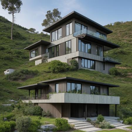 a single house on a hill, the house is entirely made of an element from the elemental table, high detail, hdr, elemental garden, complex house design
