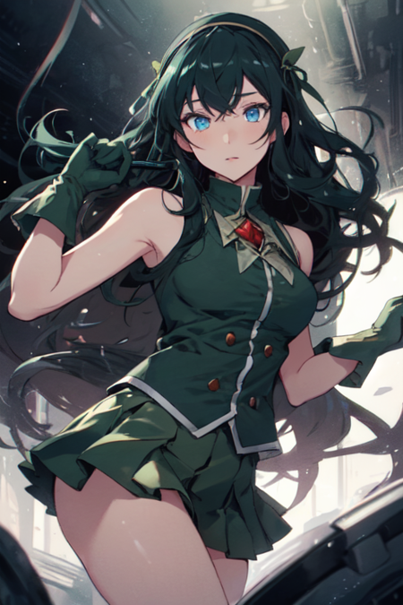 LoPoBiaElaine, 1girl, solo, very long hair, blue eyes, pleated skirt, miniskirt, green shirt, black hair, green gloves, bare shoulders, hairband, sleeveless, brooch, green skirt, 