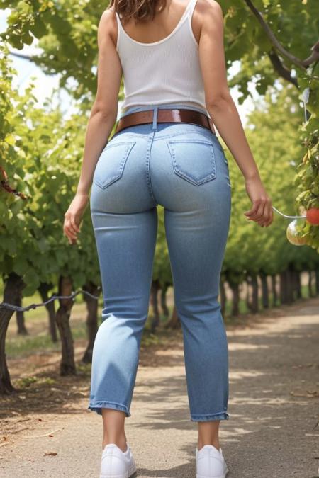 sexy,1girl, ((close-up from behind view)), (((back of head view))), (((direct view of back of body walking, faced directly away from camera))), ((long leg strides walking through beautiful winery orchard with hanging vines)), behind view walking one leg in front of other, exotic full-figured curvy girl long strides, gigantic ass walking in tight neutral-toned stretchy tank top tucked into jeans with belt, ((bubble butt in jeans)), <lora:add_detail:1>, (best quality, masterpiece, [insanely detailed], intricate:1.2), absurdres, [ultra detailed], [sharp focus], [high definition], thick arms, <lora:plump-strong:1>, hyper thighs, bottomheavy, (tight plus size jeans with belt bubble butt), big tits, (ass_from_below), (((wide hips))), ((only can see back of head)), (jeans with belt), wearing sunglasses, <lora:ass_support_v0.1:1>, ((((booty)))), (((prominent ass wide hips))), ((fat)), ((((thick thighs)))), (legs walking big stride), looking directly out at beautiful rolling hills of winery, only can see back of hair:1, woman back view:1.1, wearing white sneakers