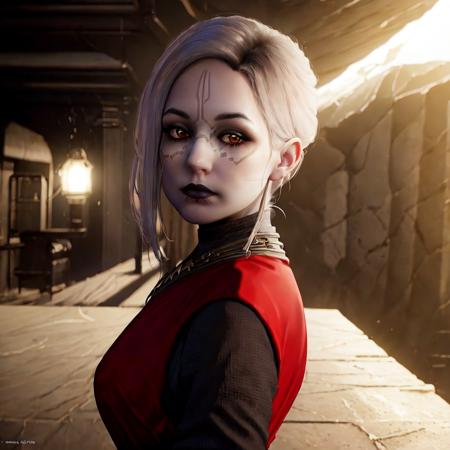 NightsisterMerrin, realistic, 1girl, best quality, dynamic lighting, highly detailed, 8k, science fiction, looking at viewer, pale skin