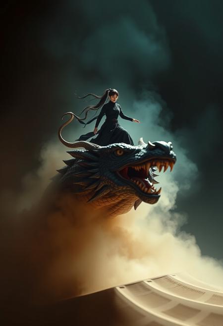 Epic realism in dark shots, 1 girl in a ninja costume floating on a dragon head surrounded by smoke from a sandstorm, motion blur style, realism style
