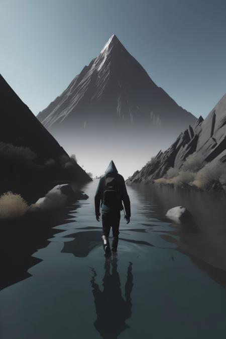 <lora:Parralel Dimensions:1>Parralel Dimensions - a person walking through a body of water with a mountain in the background