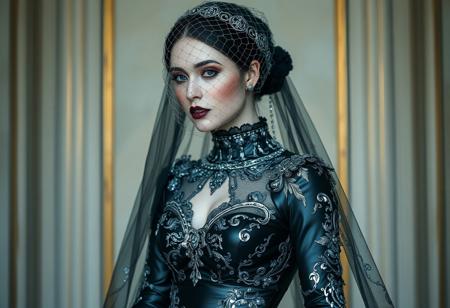 breathtaking masterwork photo,  goth woman's ornate latex wedding gown, hybrid vantablack slippery latex material, delicate silver woven inlay, snug webbed silver mesh hairnet/veil/diadem, slightly fetishistic styling