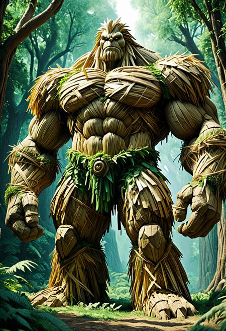 score_9,score_8_up,score_7_up, The image depicts a towering, muscular golem, seemingly composed of straw, entirely made of straw, standing majestically amidst a lush, verdant forest. Its form is robust and imposing, with broad shoulders and powerful limbs, intricately detailed with organic-like straw textures. the view emphasizing the grandeur of the forest guardian. The surrounding environment is in natural light, filtering through the dense canopy, creating a mystical and fantastical atmosphere.  <lora:1:1>