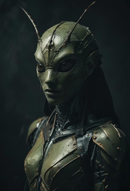 an European mantis-woman in iron armour, black cape, studio background, high-contrast palette, subtle grain, cinematic quality, modern art photograph, looking at viewer
