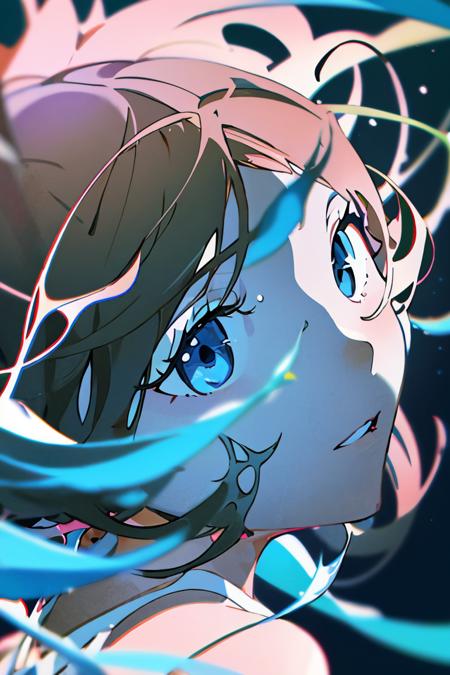 tac001_style,1girl,female_focus, chromatic_aberration, floating_hair,depth_of_field,blurry,liquid,simple_background,(vivid_color),  neon_color,
<lora:tac001_loha:0.8>