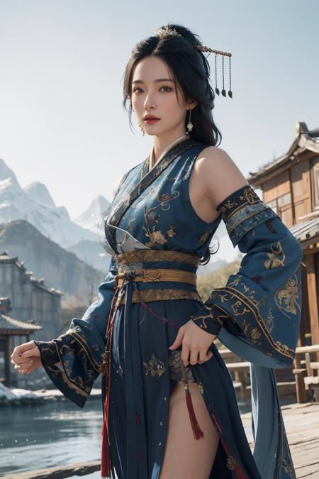 best quality,masterpiece,8k wallpaper,absurdres, highres, ultra detailed, (1 young beautiful girl, solo:1.1),realistic,hair ornament, black hair,cowboy shot, hair stick, chinese clothes, dress, looking at viewer, standing, brown eyes, sash, jewelry,realistic, blue dress,A fairytale land where magical creatures live and thrive,<lora:WLFD_LadyZhen_NOFACE:0.8>
BREAK