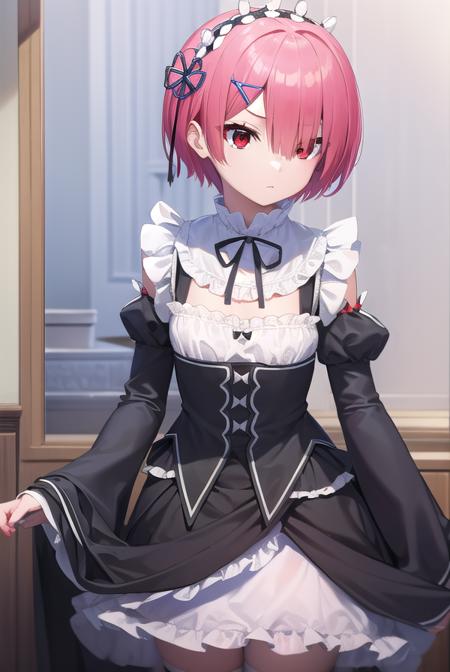 rezeroram, <lora:rezeroram-lora-nochekaiser:1>, 
ram, hair flower, hair ornament, hair over one eye, pink hair, (red eyes:1.5), short hair, x hair ornament, bangs, blunt bangs, (flat chest:1.2),
BREAK apron, black bow, black dress, black ribbon, bow, detached sleeves, dress, frilled apron, frilled sleeves, frills, juliet sleeves, long sleeves, maid, neck ribbon, puffy sleeves, ribbon, roswaal mansion maid uniform, thighhighs, two-tone dress, waist apron, white bow, white dress, white thighhighs,
BREAK indoors, mansion,
BREAK looking at viewer, (cowboy shot:1.5),
BREAK <lyco:GoodHands-beta2:1>, (masterpiece:1.2), best quality, high resolution, unity 8k wallpaper, (illustration:0.8), (beautiful detailed eyes:1.6), extremely detailed face, perfect lighting, extremely detailed CG, (perfect hands, perfect anatomy),