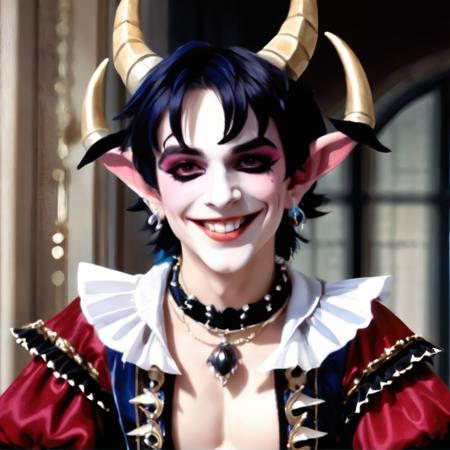 jester, 1boy, solo, smile, long sleeves, upper body, earrings, horns, teeth, puffy sleeves, necklace, grin, head tilt, makeup, facial mark, juliet sleeves, facing viewer, corset, fake horns