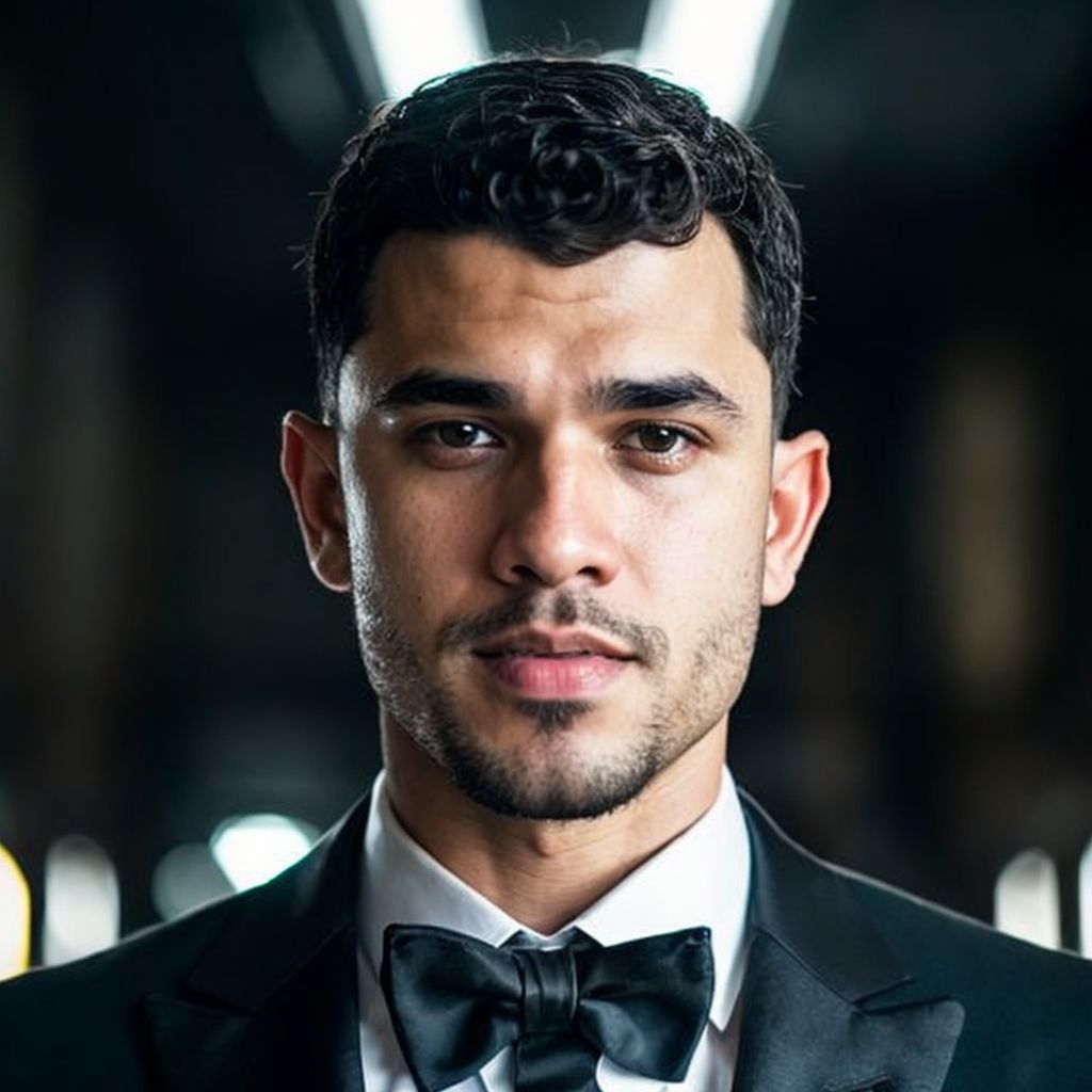 DSLR photo of yadielalejandro person using a tuxedo.face portrait.in blade runner.daylight.professional photography.high resolution.detailed photo.RAW.still film.f/16.uhd.hdr.4k <lora:yadielalejandro_46800:1>