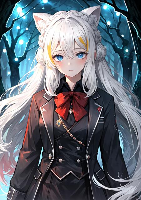 limbus, 1girl, solo, looking at viewer, <lora:Limbus-06:1>, (Random:1.3), bun hair, platinum blonde hair, deep set eye shape, blue eyes, prepschool outfit, enchanting fairy-tale forest with sparkling lights, sexy