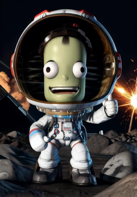 <lora:kerbal:0.8>, kerbal, full body, thumbs up, explosion in background