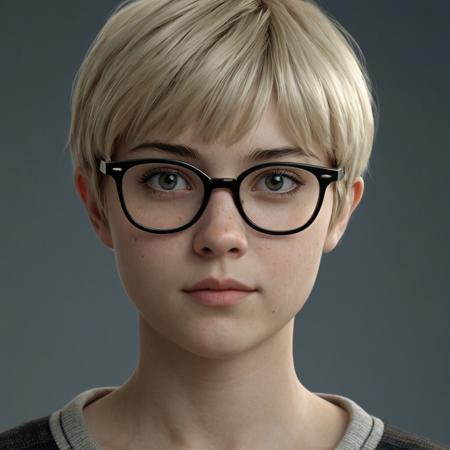A realistic head and shoulders image of a fictional person about 20 years old that looks like Juno from the movie Juno but with a blond pixie cut and black rimmed glasses. She is facing the camera.