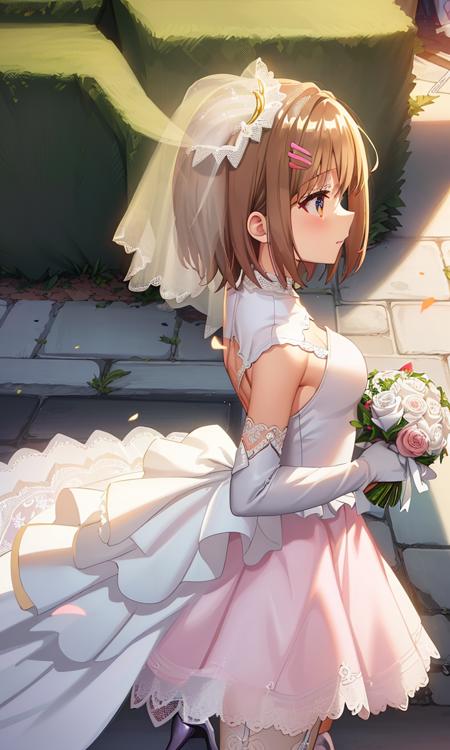 ((((ultra illustrated style:1.0)))),best quality,best animated,masterpiece,ray tracing, global illumination,Sarasa fido,1girl, solo, standing,upper body, (wedding dress:1.2), (presenting panties:1.2), white legwear,white lace panties,white garter straps,(white high heels:1.37),white rose, <lora:Sarasa fido_02:0.6>